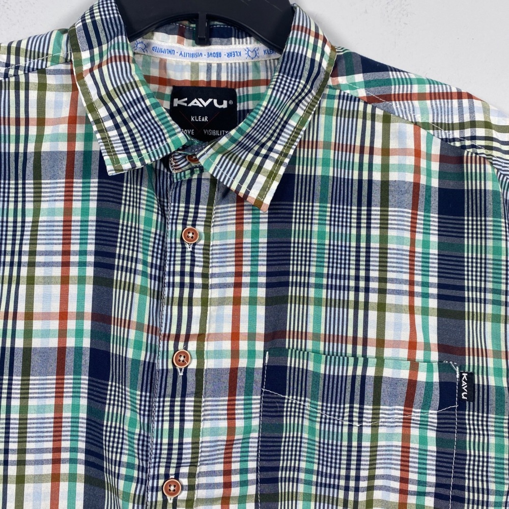 Kavu Button Down Shirt Men's Size Green Blue Plaid Check Short Sleeve Gorpcore